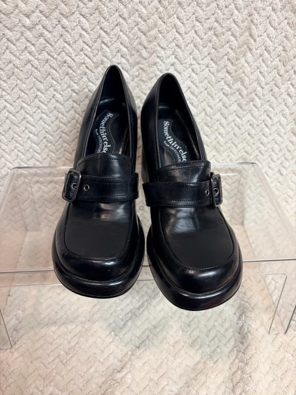 Vtg 90s SKECHERS Womens 6 Chunky Platform Loafers Buckle Black‎ Faux Leather Y2K